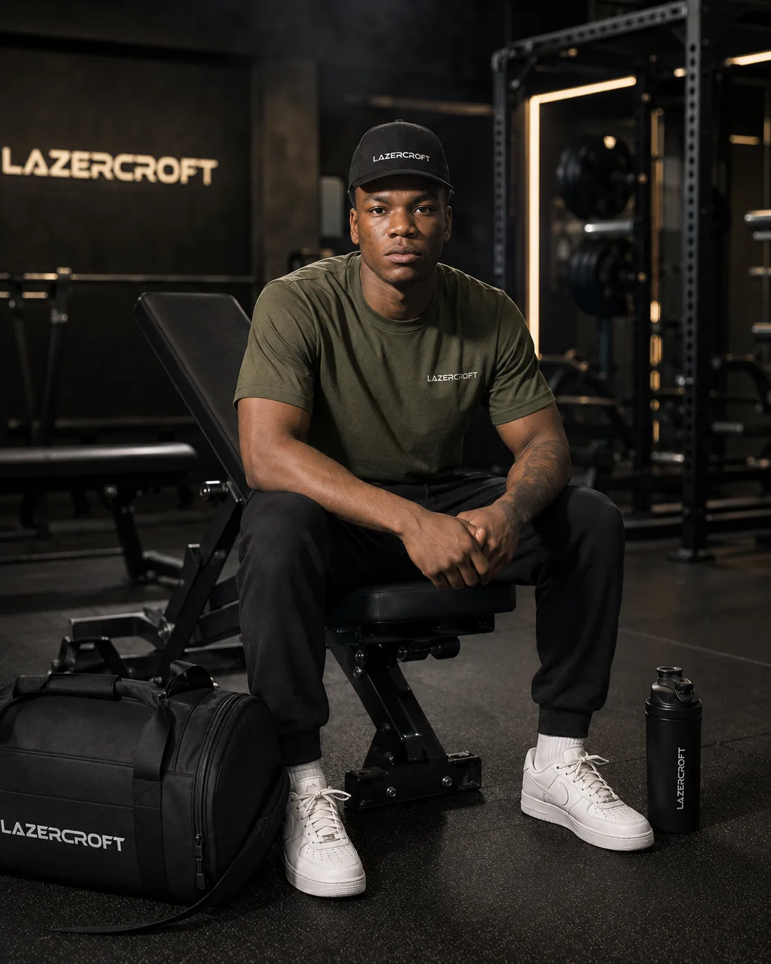Athlete wearing an olive Lazercroft tee seated in a gym
