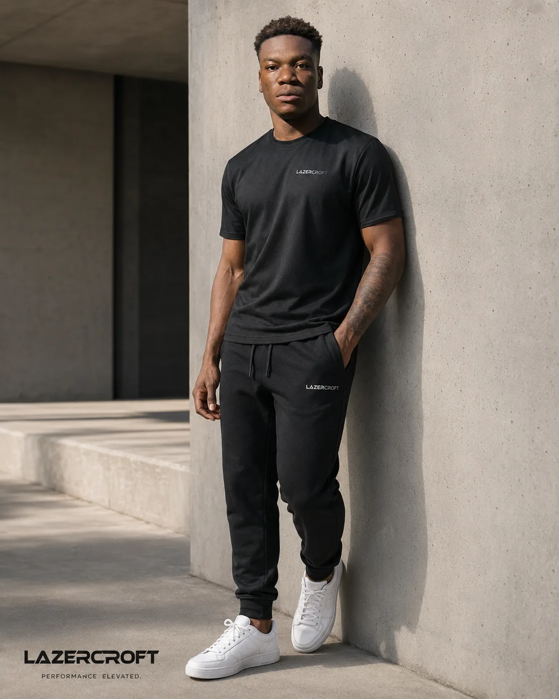 Athlete wearing a black Lazercroft tee and joggers beside a concrete wall
