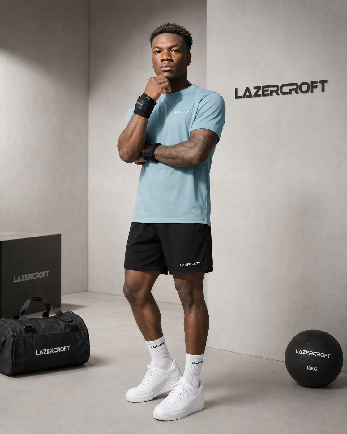 Athlete wearing a blue Lazercroft tee and black shorts in a bright training studio