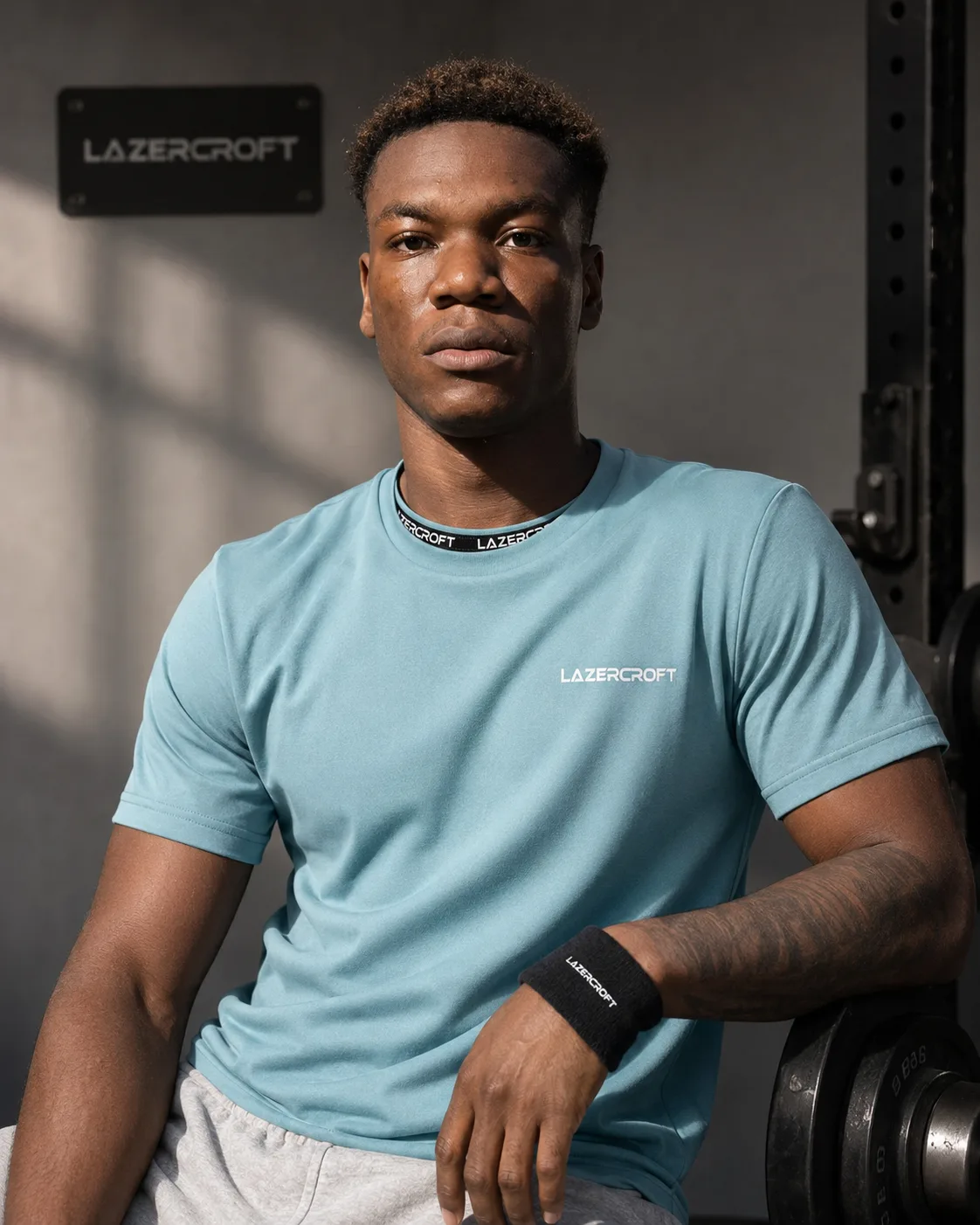 Athlete wearing a blue Lazercroft training tee beside gym equipment